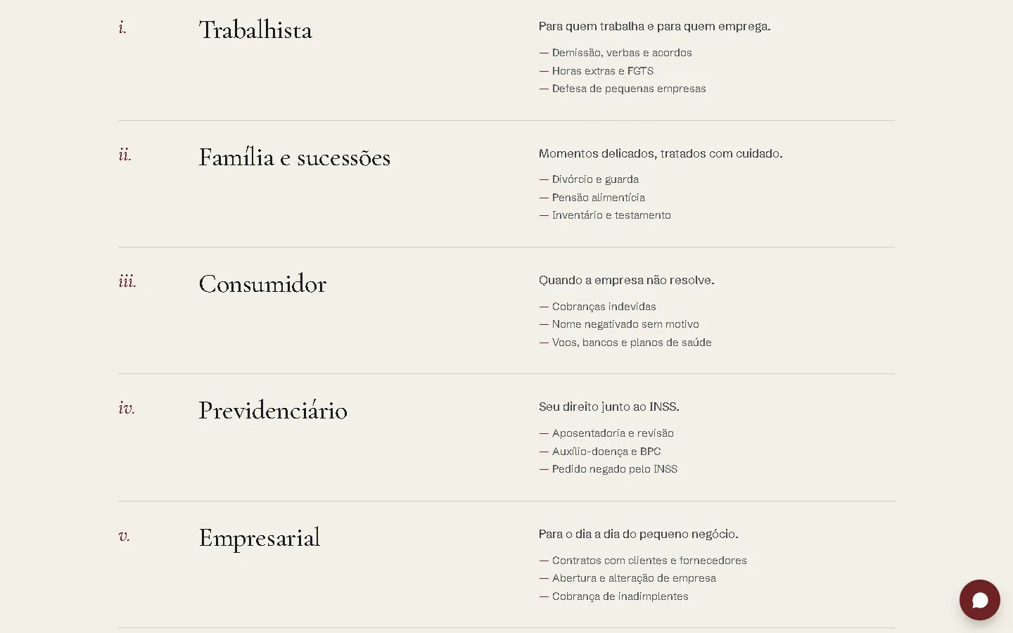 Áreas de atuação do Andrade & Menezes: trabalhista, família e sucessões, consumidor, previdenciário e empresarial, cada uma com exemplos.