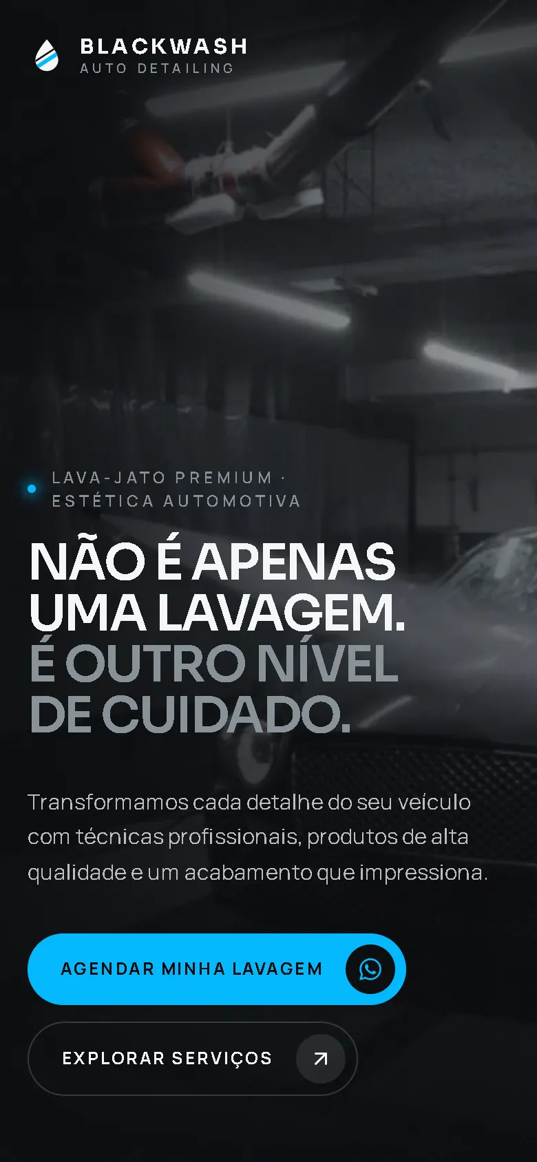 BLACKWASH no celular: título, texto de apoio e botões de agendamento e serviços.