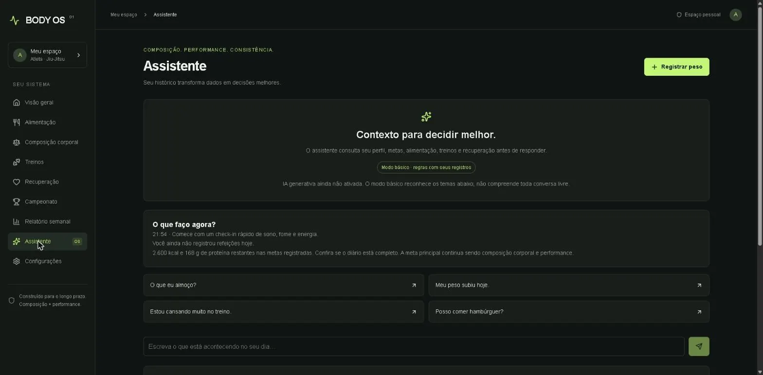 Assistente do BODY OS exibindo o aviso "Modo básico · regras com seus registros" e sugestões a partir dos dados do dia.