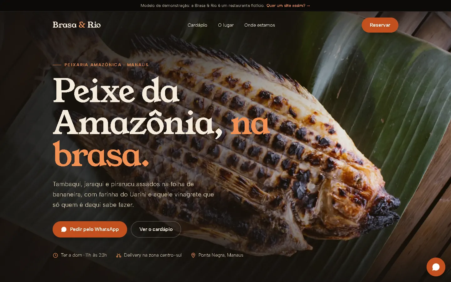 Hero do Brasa & Rio: título "Peixe da Amazônia, na brasa." sobre foto de peixe assado na folha de bananeira.