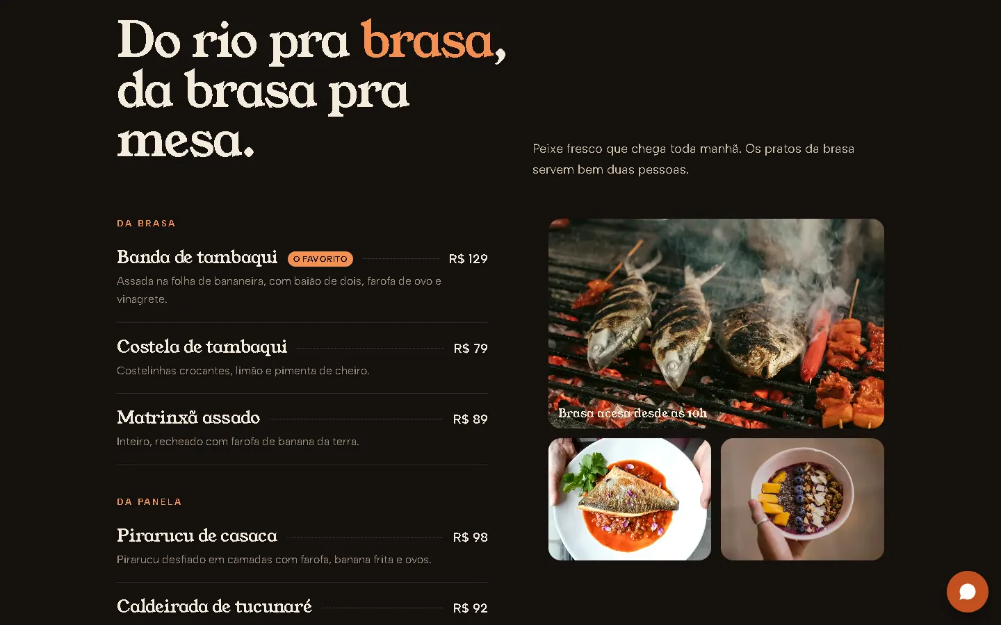 Cardápio do Brasa & Rio: banda de tambaqui, costela de tambaqui e matrinxã assado com preços, ao lado de fotos dos pratos.