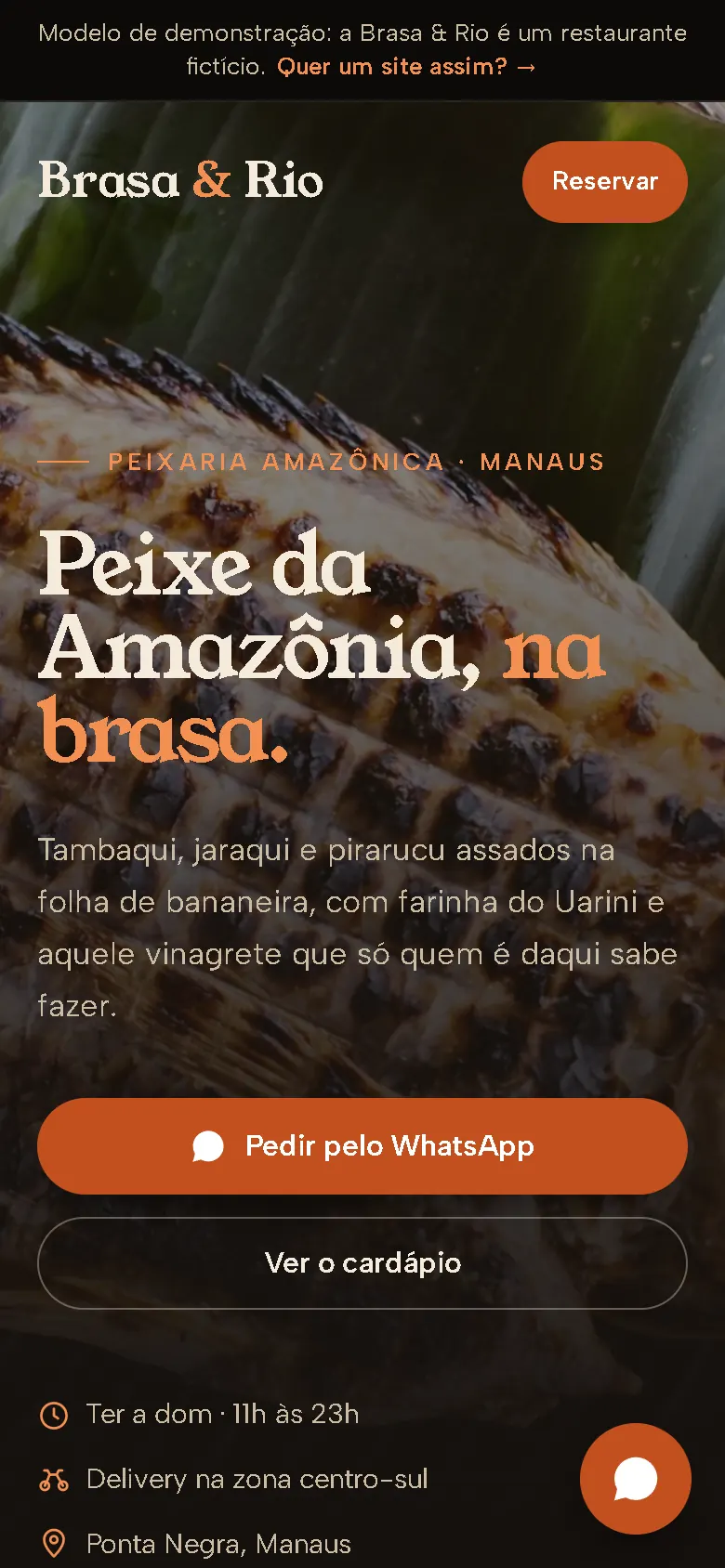 Brasa & Rio no celular: título, descrição, botões de pedido e cardápio, horário e localização.