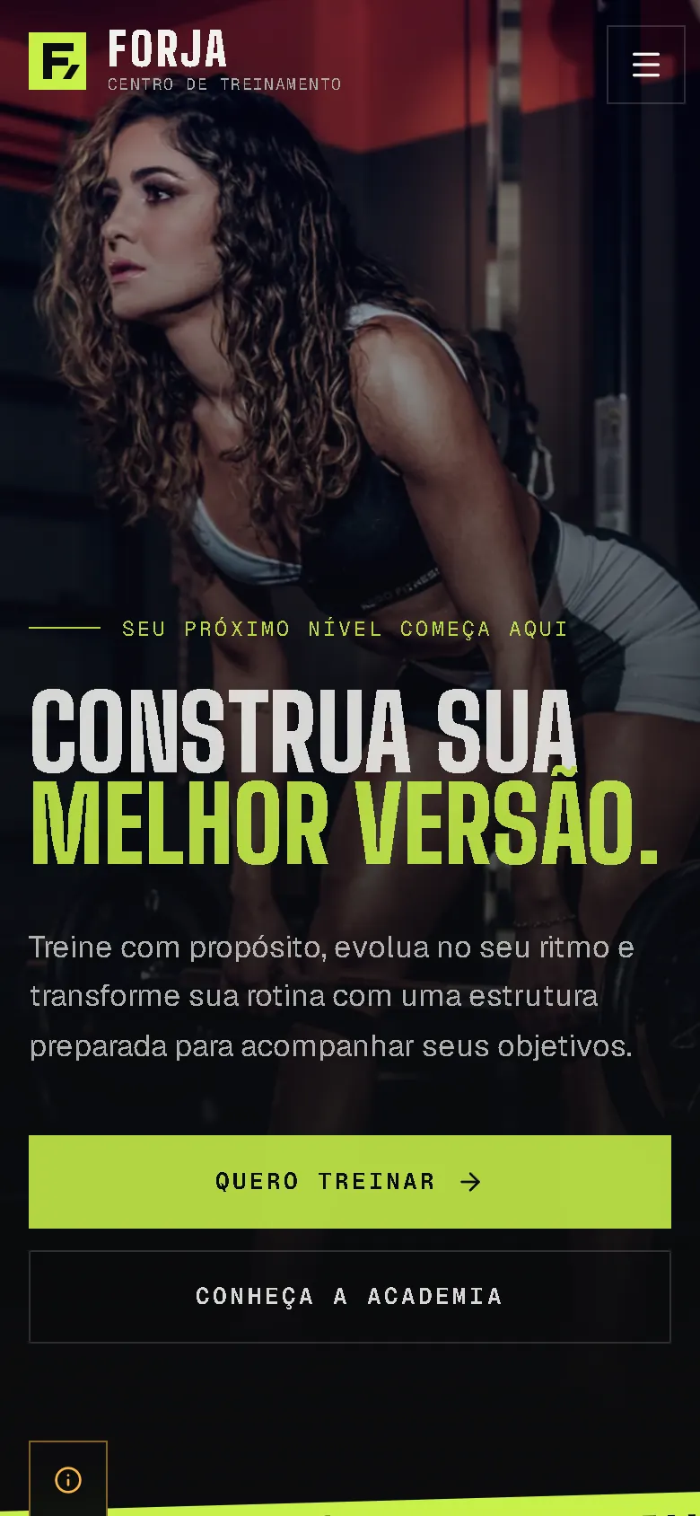 Forja no celular: título, texto e botões de treino e da academia.