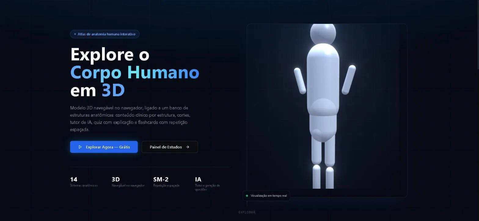 Home do MEDATLAS: título "Explore o Corpo Humano em 3D", figura 3D à direita e quatro indicadores — 14 sistemas anatômicos, 3D no navegador, repetição espaçada SM-2 e tutor de IA.