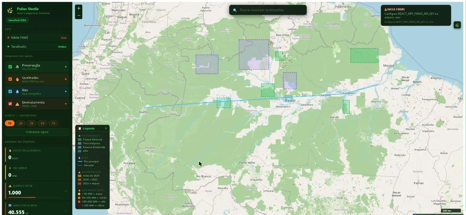 Mapa do Pulso Verde sobre a Amazônia Legal: polígonos de unidades de conservação e terras indígenas, rios, alertas de desmatamento do DETER e painel lateral com o estado das APIs e o resumo do período.