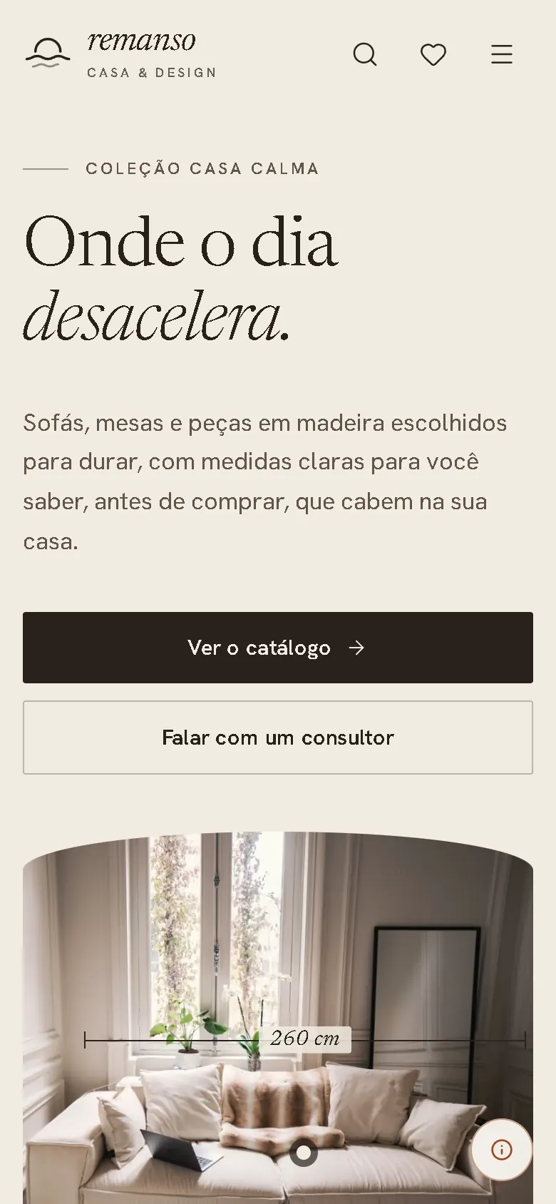 Remanso no celular: título, descrição e botões de catálogo e consultor.