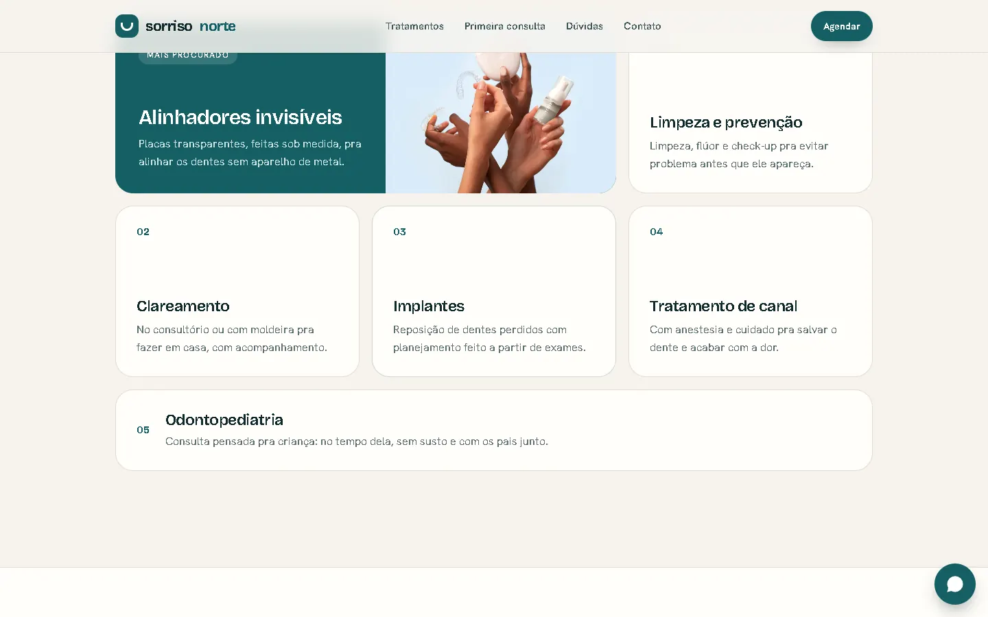 Grade de tratamentos da Sorriso Norte: alinhadores invisíveis em destaque, limpeza, clareamento, implantes, canal e odontopediatria.