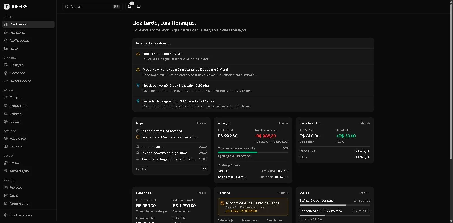 Dashboard do TOSHIBA: bloco "Precisa da sua atenção" com contas a vencer e prova próxima, e cartões de finanças, investimentos, revendas, estudos e metas.