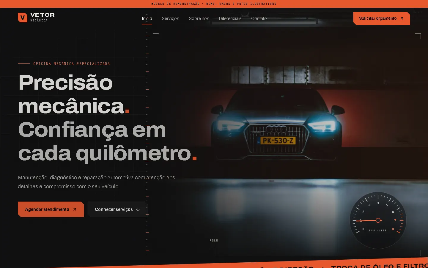 Hero da Vetor Mecânica: título "Precisão mecânica. Confiança em cada quilômetro." ao lado de um carro com faróis acesos e um conta-giros.