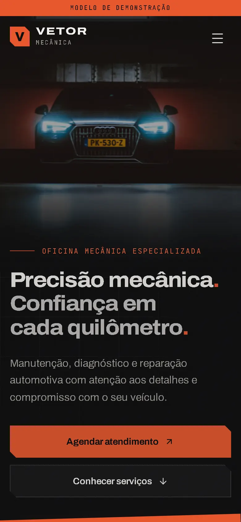 Vetor Mecânica no celular: título, texto e botões de agendamento e serviços.
