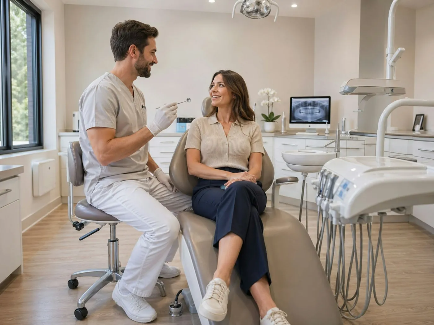 Dentista conversando com paciente no consultório